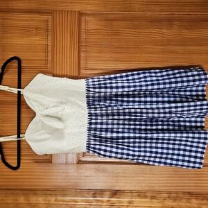 A. Byer White Lace & Blue and White Checkered Dress